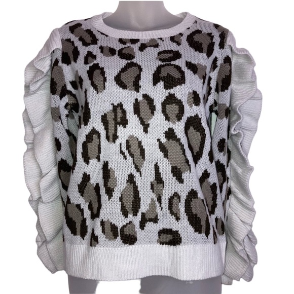 Chaser Sweaters - Chaser white leopard print sweater with ruffle sleeves